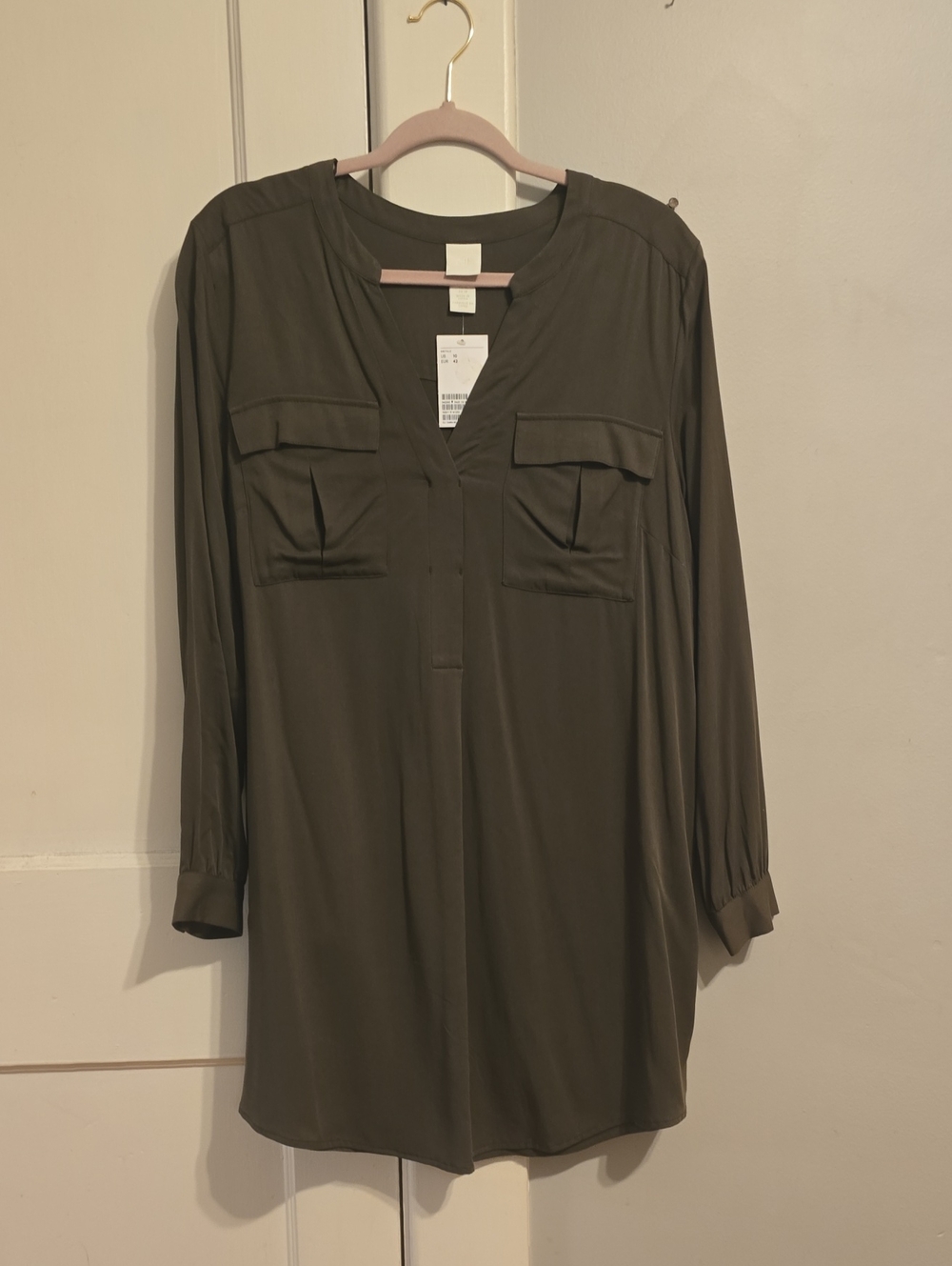 H&M Womens Olive Green V-Neck Utility Tunic Dress